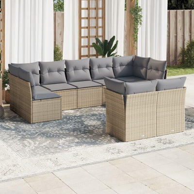 9 Piece Garden Sofa Set with Cushions Beige Poly Rattan