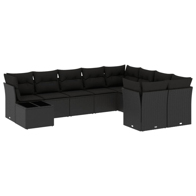 10 Piece Garden Sofa Set with Cushions Black Poly Rattan