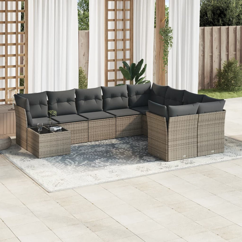 10 Piece Garden Sofa Set with Cushions Grey Poly Rattan