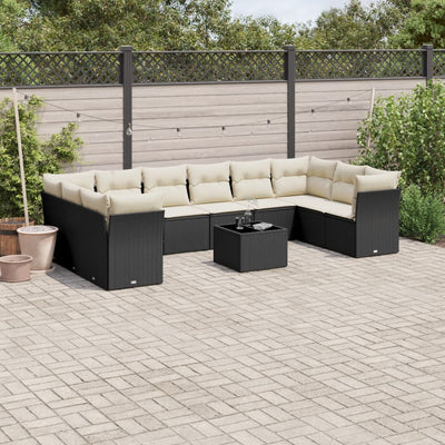 11 Piece Garden Sofa Set with Cushions Black Poly Rattan