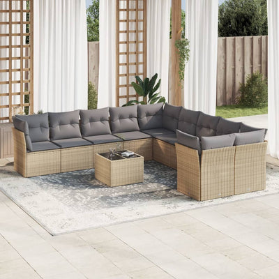 11 Piece Garden Sofa Set with Cushions Beige Poly Rattan