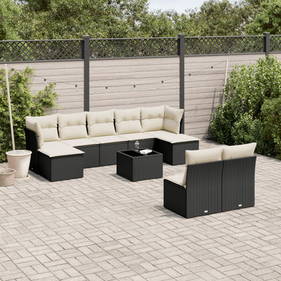 10 Piece Garden Sofa Set with Cushions Black Poly Rattan