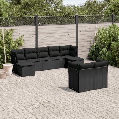 9 Piece Garden Sofa Set with Cushions Black Poly Rattan