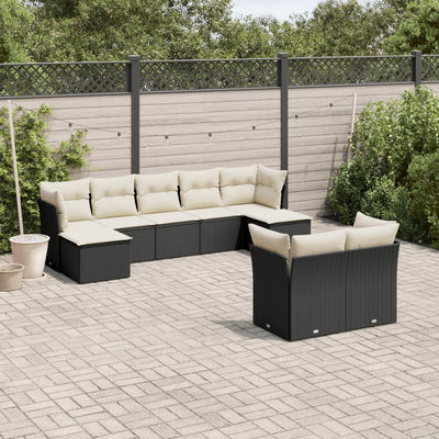 9 Piece Garden Sofa Set with Cushions Black Poly Rattan