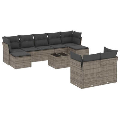 10 Piece Garden Sofa Set with Cushions Grey Poly Rattan