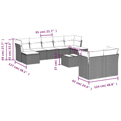 10 Piece Garden Sofa Set with Cushions Grey Poly Rattan