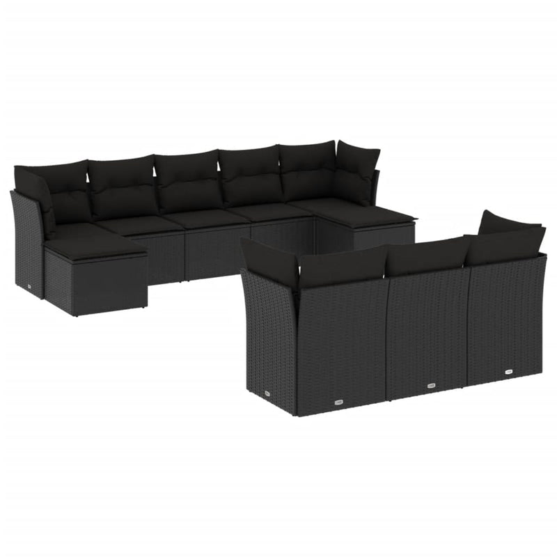 10 Piece Garden Sofa Set with Cushions Black Poly Rattan