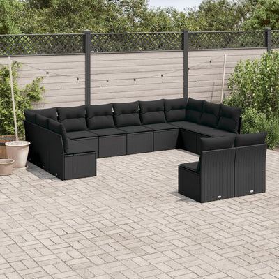 12 Piece Garden Sofa Set with Cushions Black Poly Rattan