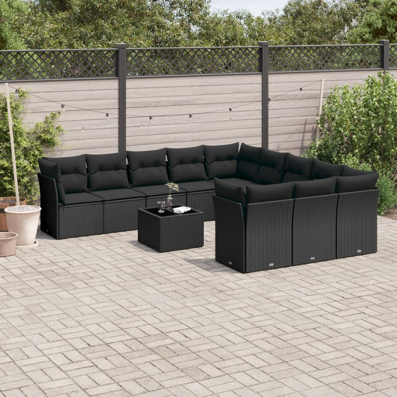 12 Piece Garden Sofa Set with Cushions Black Poly Rattan