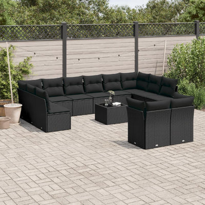 13 Piece Garden Sofa Set with Cushions Black Poly Rattan