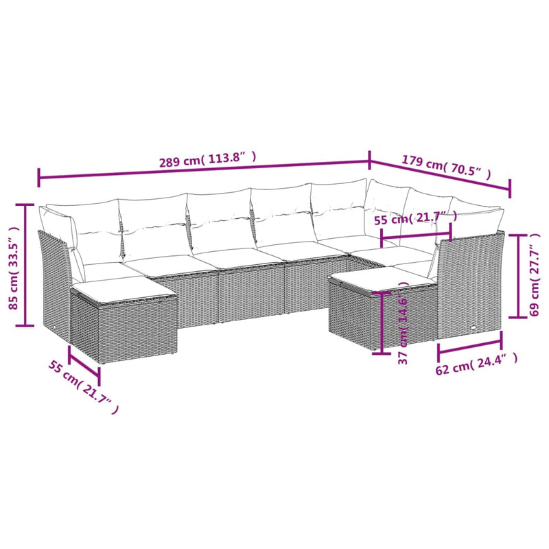 9 Piece Garden Sofa Set with Cushions Grey Poly Rattan