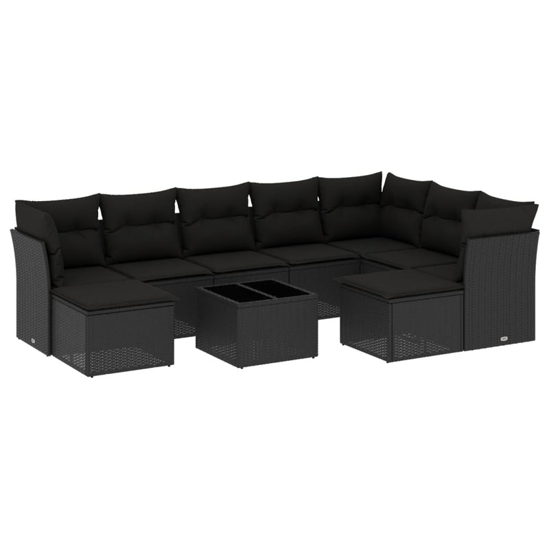 10 Piece Garden Sofa Set with Cushions Black Poly Rattan