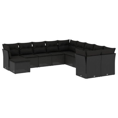 11 Piece Garden Sofa Set with Cushions Black Poly Rattan