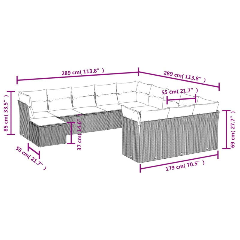 12 Piece Garden Sofa Set with Cushions Grey Poly Rattan