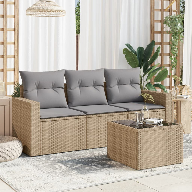 4 Piece Garden Sofa Set with Cushions Beige Poly Rattan