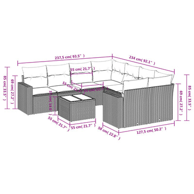 9 Piece Garden Sofa Set with Cushions Grey Poly Rattan