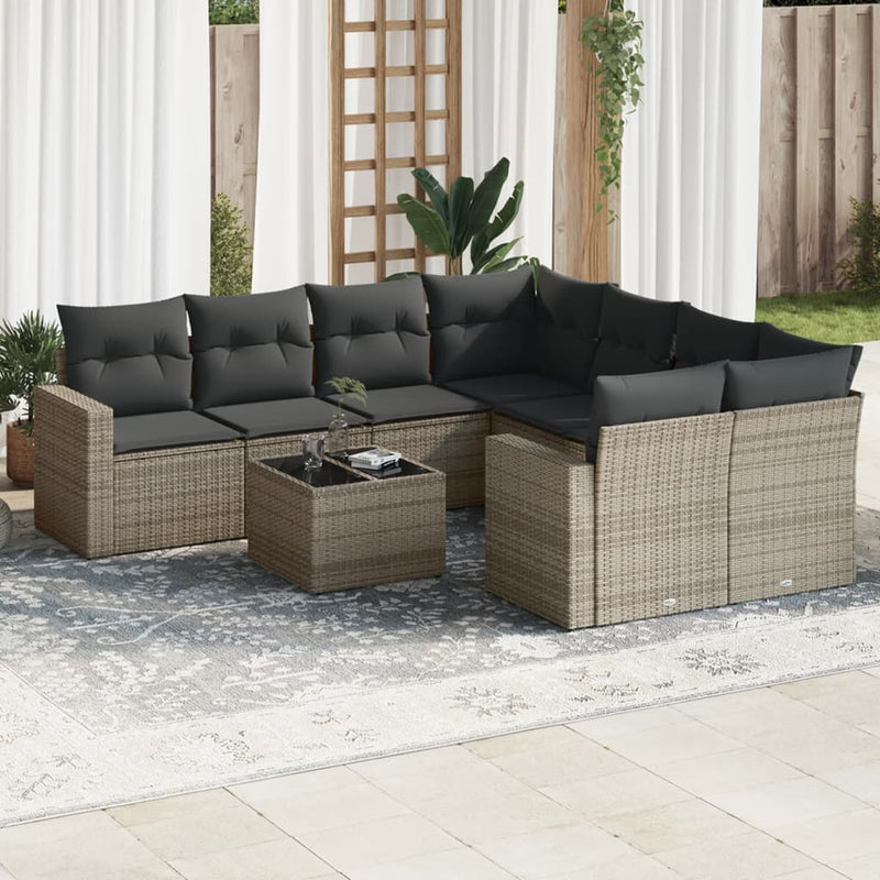 9 Piece Garden Sofa Set with Cushions Grey Poly Rattan