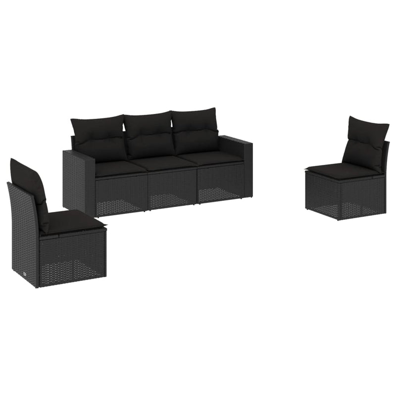 5 Piece Garden Sofa Set with Cushions Black Poly Rattan