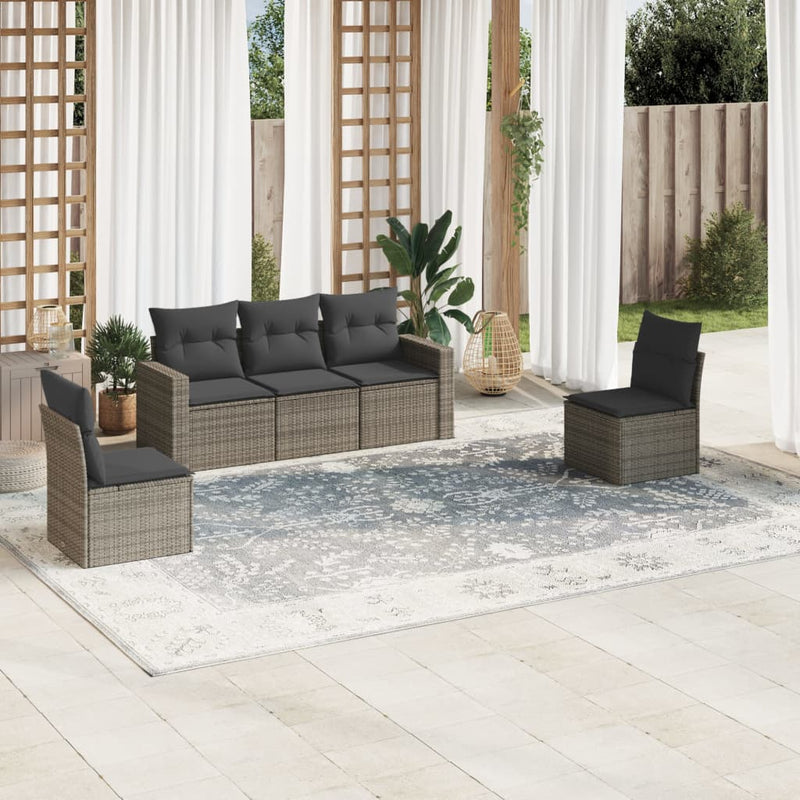 5 Piece Garden Sofa Set with Cushions Grey Poly Rattan