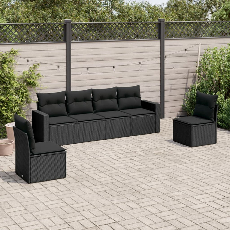 6 Piece Garden Sofa Set with Cushions Black Poly Rattan