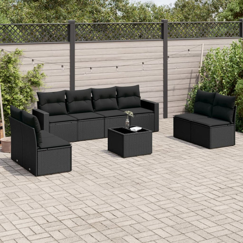 9 Piece Garden Sofa Set with Cushions Black Poly Rattan