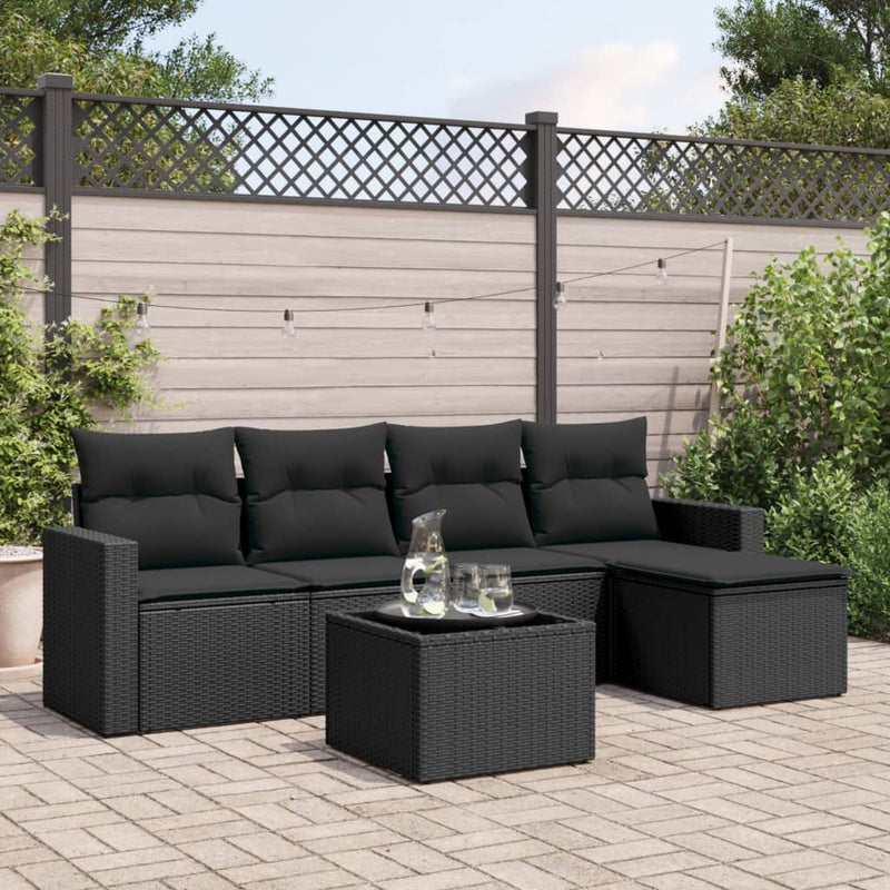 6 Piece Garden Sofa Set with Cushions Black Poly Rattan