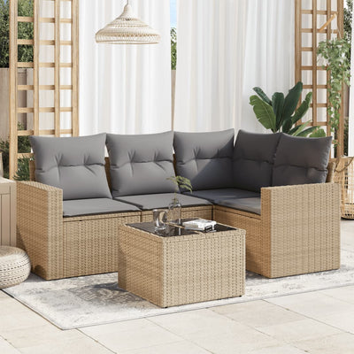 5 Piece Garden Sofa Set with Cushions Beige Poly Rattan