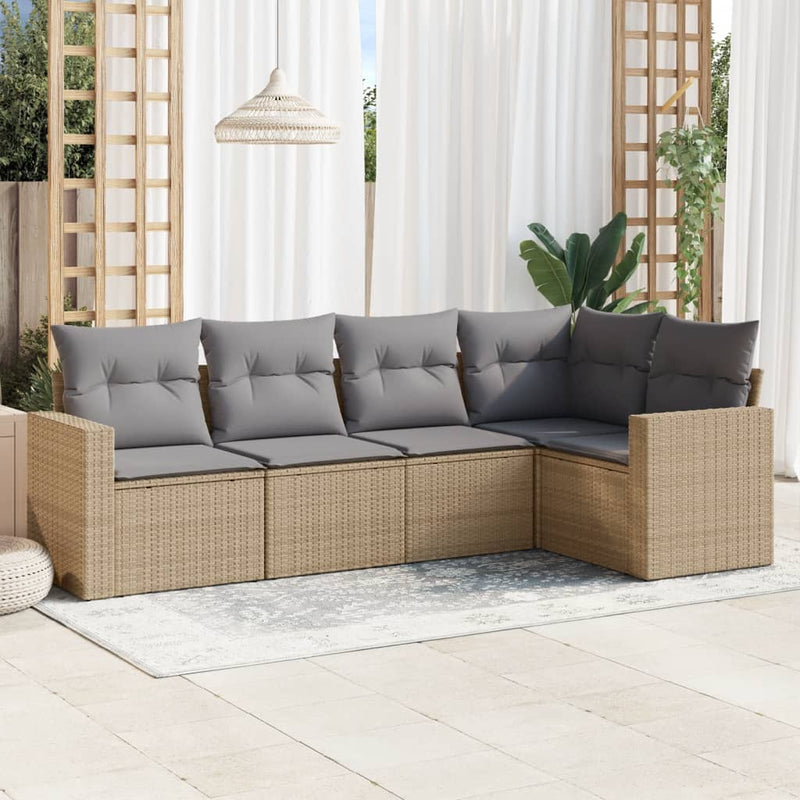 5 Piece Garden Sofa Set with Cushions Beige Poly Rattan