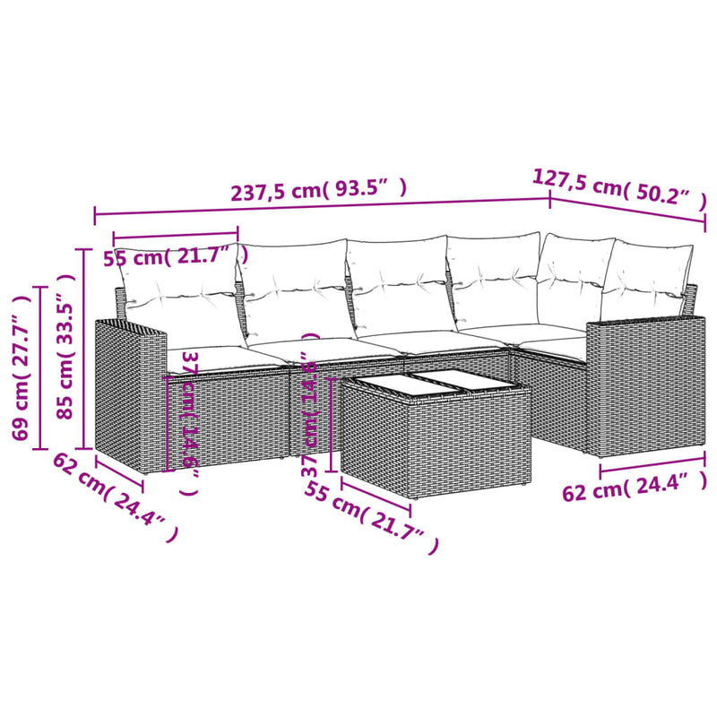 6 Piece Garden Sofa Set with Cushions Grey Poly Rattan