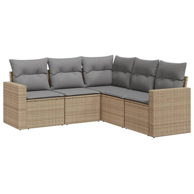 5 Piece Garden Sofa Set with Cushions Beige Poly Rattan