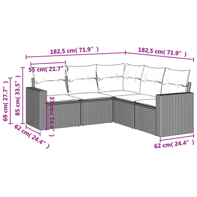 5 Piece Garden Sofa Set with Cushions Grey Poly Rattan