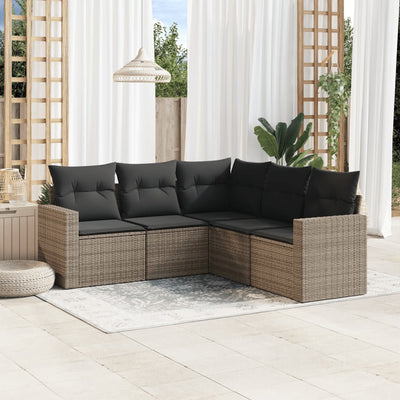 5 Piece Garden Sofa Set with Cushions Grey Poly Rattan