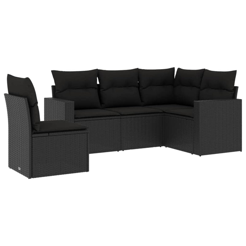 5 Piece Garden Sofa Set with Cushions Black Poly Rattan