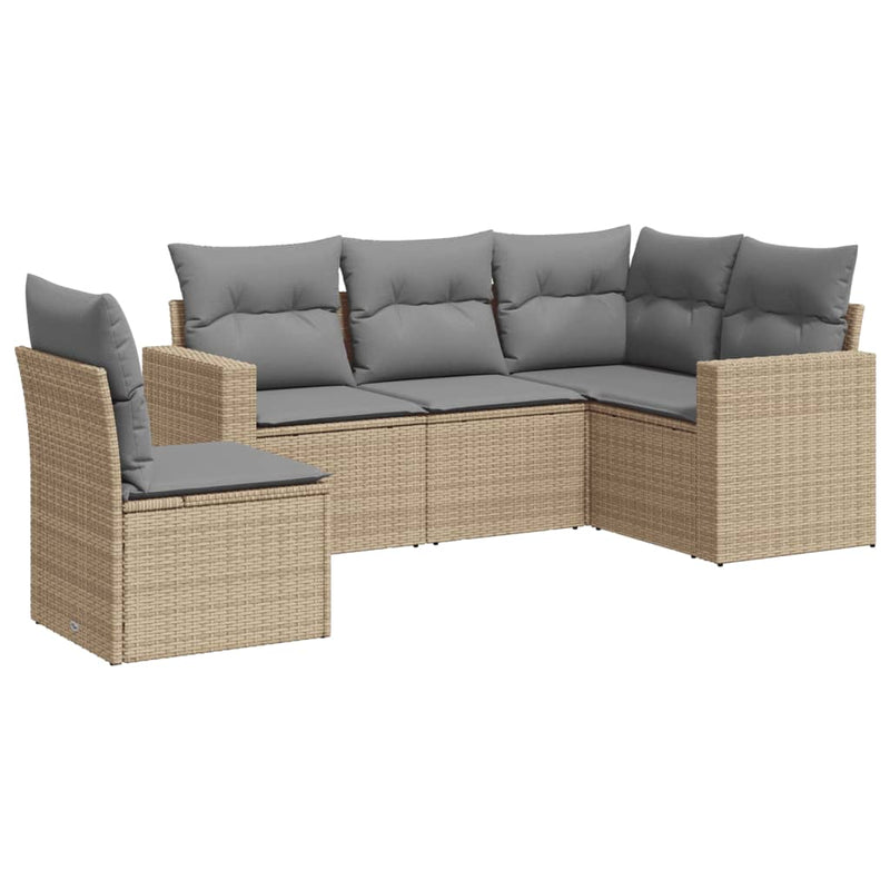 5 Piece Garden Sofa Set with Cushions Beige Poly Rattan