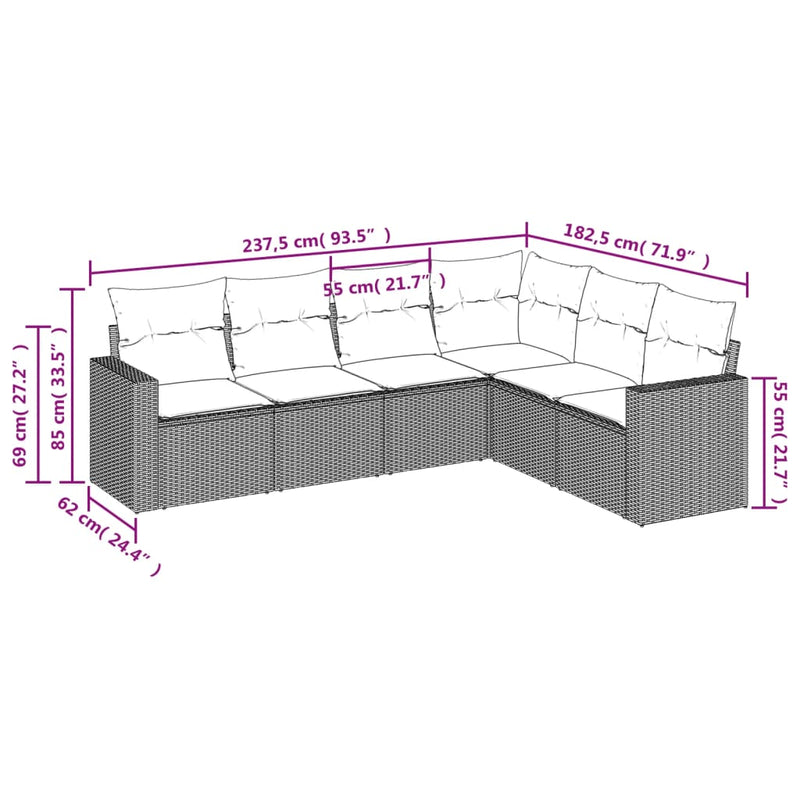 6 Piece Garden Sofa Set with Cushions Grey Poly Rattan