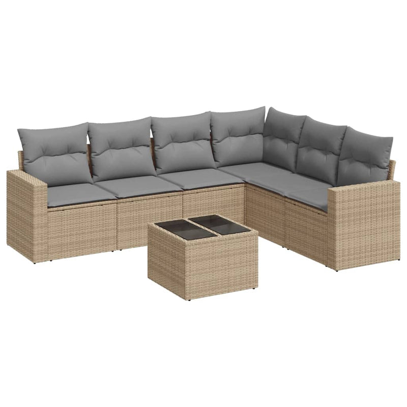 7 Piece Garden Sofa Set with Cushions Beige Poly Rattan