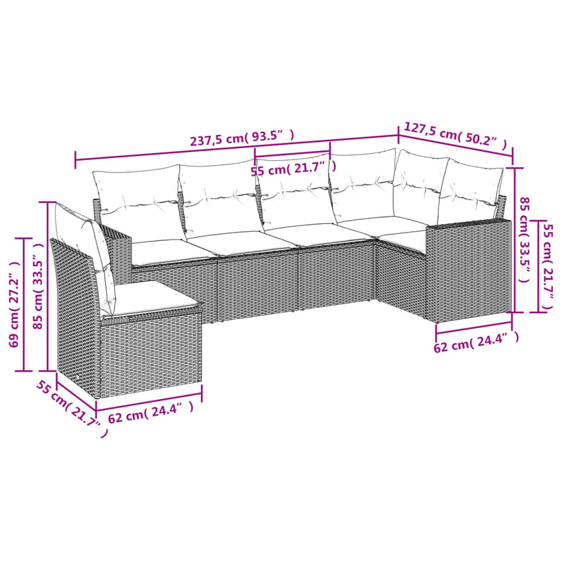 6 Piece Garden Sofa Set with Cushions Grey Poly Rattan