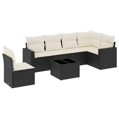 7 Piece Garden Sofa Set with Cushions Black Poly Rattan