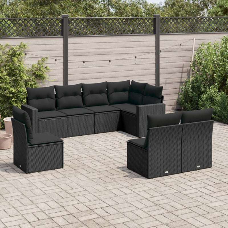 8 Piece Garden Sofa Set with Cushions Black Poly Rattan