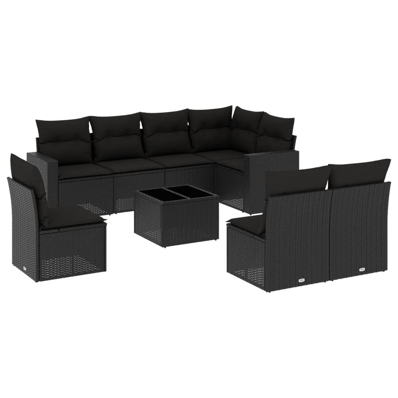 9 Piece Garden Sofa Set with Cushions Black Poly Rattan