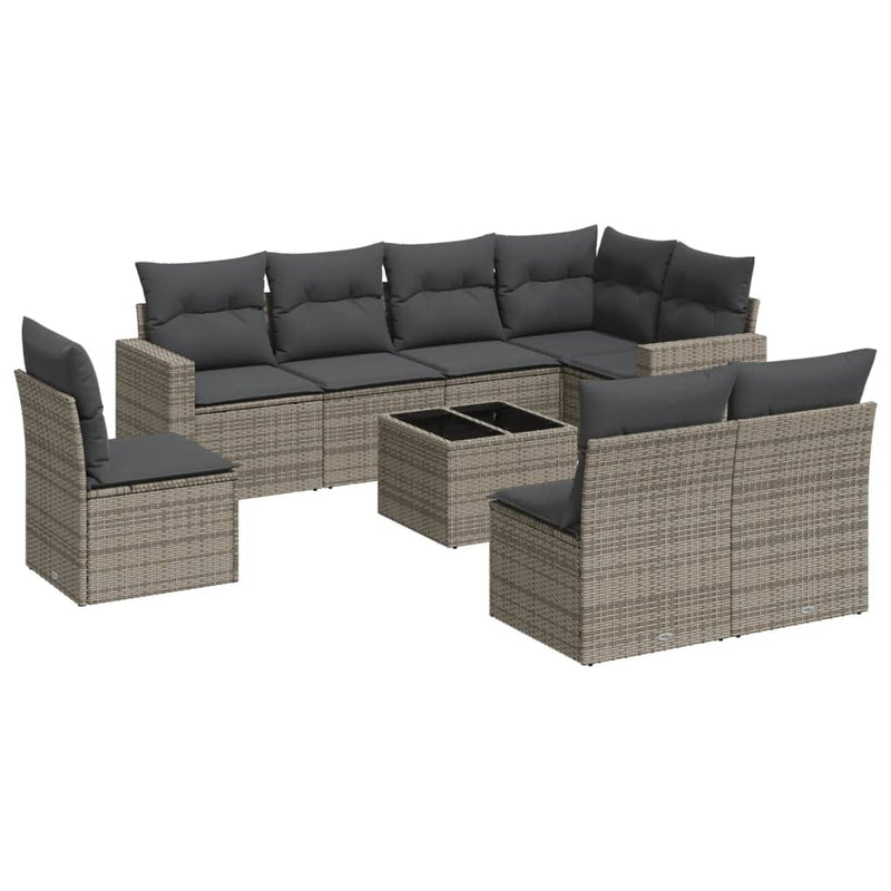 9 Piece Garden Sofa Set with Cushions Grey Poly Rattan