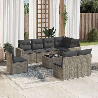 9 Piece Garden Sofa Set with Cushions Grey Poly Rattan