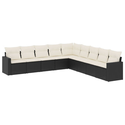 9 Piece Garden Sofa Set with Cushions Black Poly Rattan