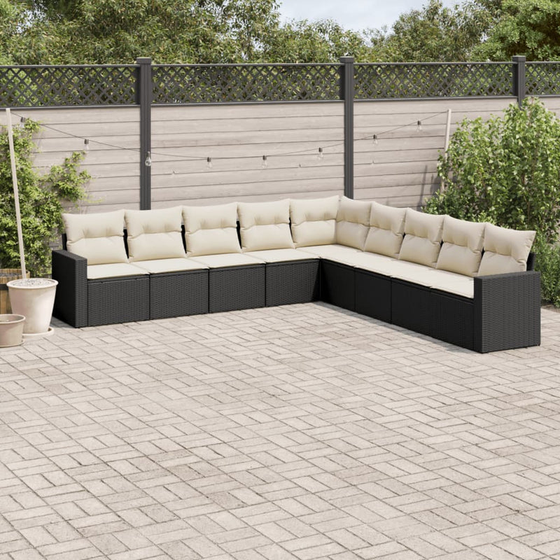 9 Piece Garden Sofa Set with Cushions Black Poly Rattan