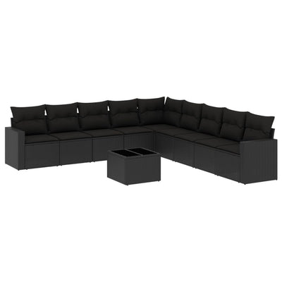 10 Piece Garden Sofa Set with Cushions Black Poly Rattan