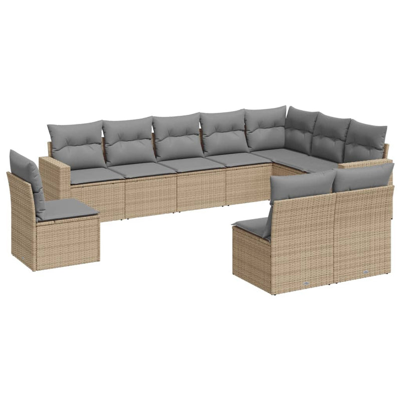 10 Piece Garden Sofa Set with Cushions Beige Poly Rattan