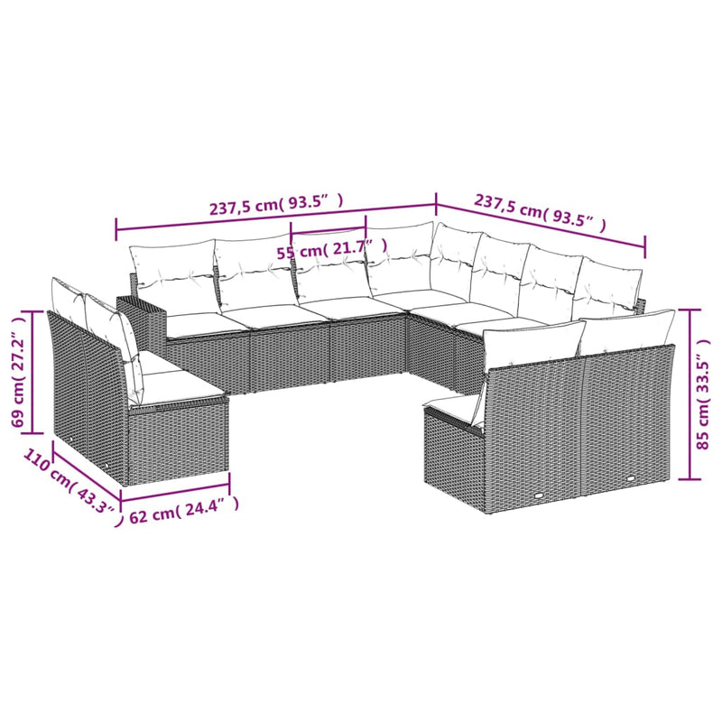 11 Piece Garden Sofa Set with Cushions Grey Poly Rattan