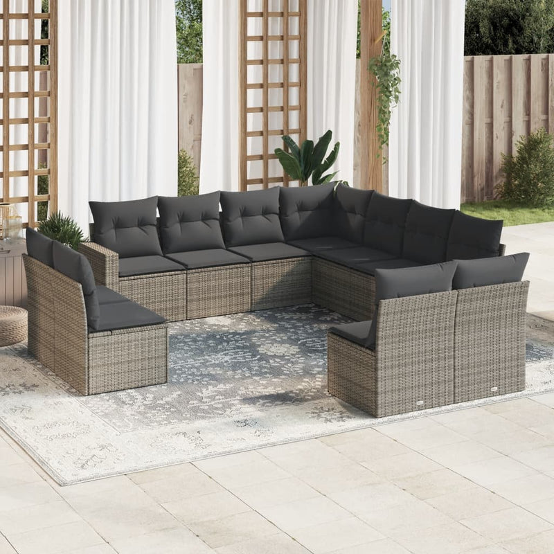 11 Piece Garden Sofa Set with Cushions Grey Poly Rattan