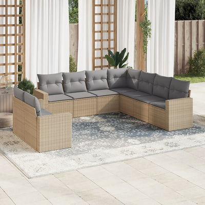 9 Piece Garden Sofa Set with Cushions Beige Poly Rattan