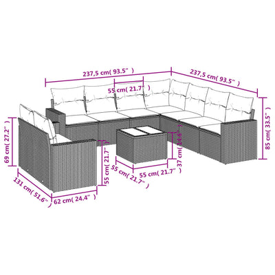 10 Piece Garden Sofa Set with Cushions Grey Poly Rattan